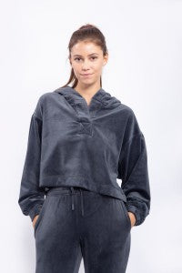 Velour Cropped Hoodie Pullover with Notched Neckline