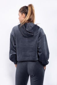 Velour Cropped Hoodie Pullover with Notched Neckline