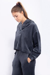 Velour Cropped Hoodie Pullover with Notched Neckline