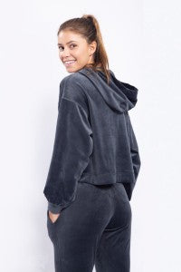 Velour Cropped Hoodie Pullover with Notched Neckline