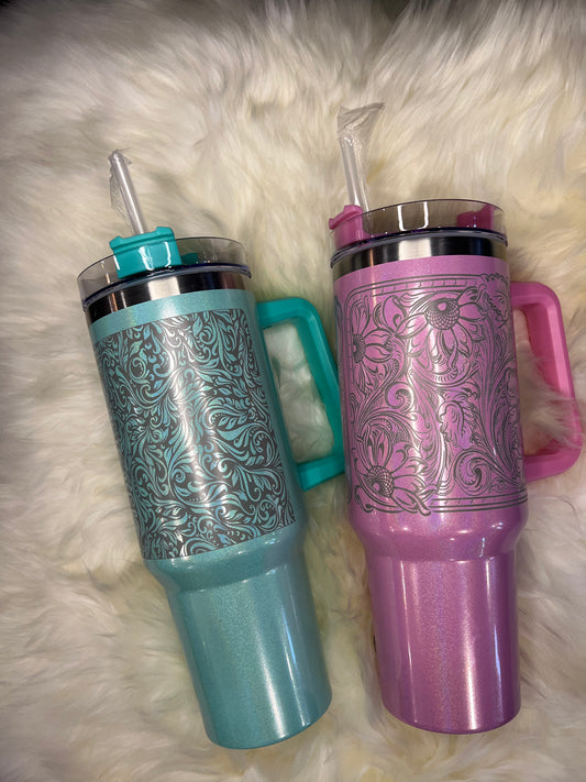 Custom Etched Tooled Leather Design Tumbler 40oz
