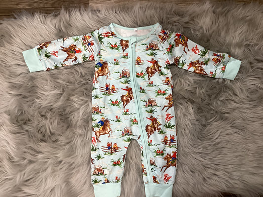 Cowboy Print Mint Zip Onesie Pajamas