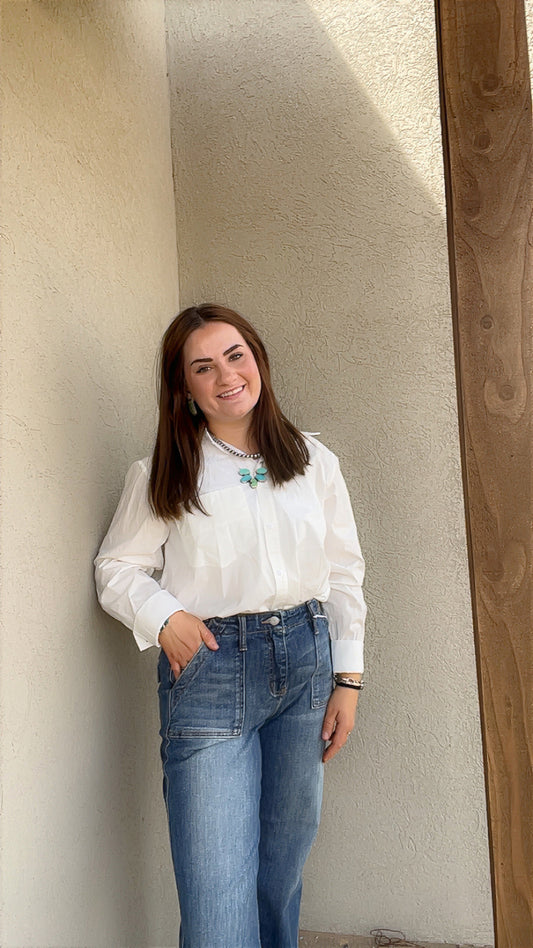 Poplin and Organza Contrast Button Up Shirt Top