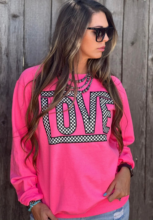 Texas True Neon Pink Funky Checkered Love Sweatshirt