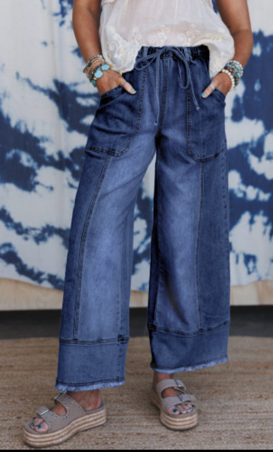 Prussian Drawstring Seam Detail Raw Hem Wide Leg Denim Cropped Jeans
