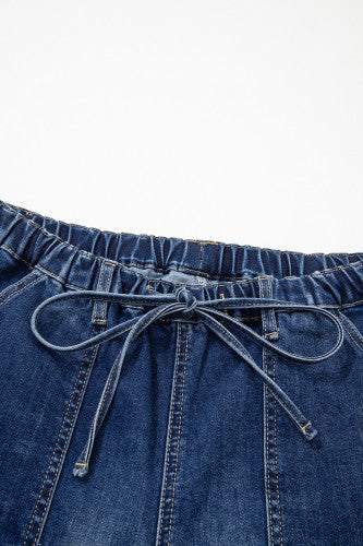 Prussian  Drawstring Seam Detail Raw Hem Wide Leg Denim Cropped Jeans