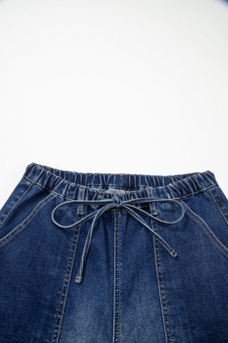 Prussian  Drawstring Seam Detail Raw Hem Wide Leg Denim Cropped Jeans