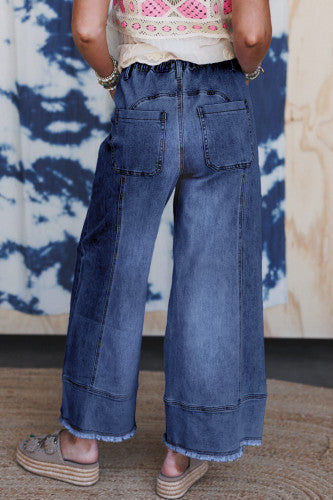 Cropped Drawstring Denim Prussian Drawstring Seam Detail Raw Hem Wide Leg Denim Cropped Jeans ...