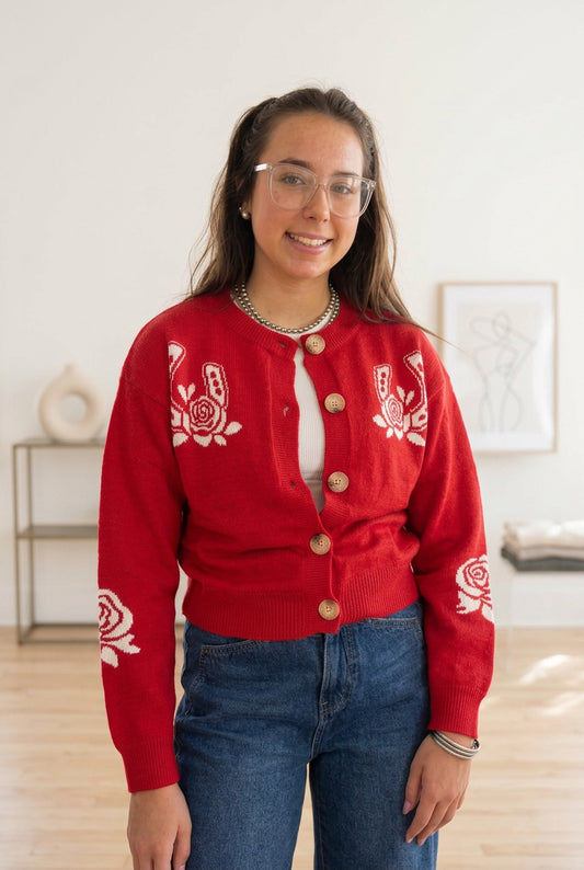 Turquoise Haven Cardigan Double Horseshoes Red Sweater