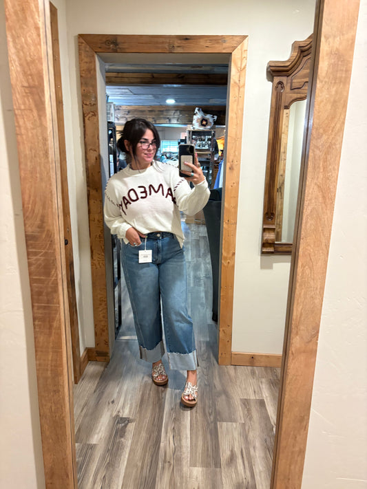 Beige Drop Shoulder Game Day Letter Print Pullover Sweater