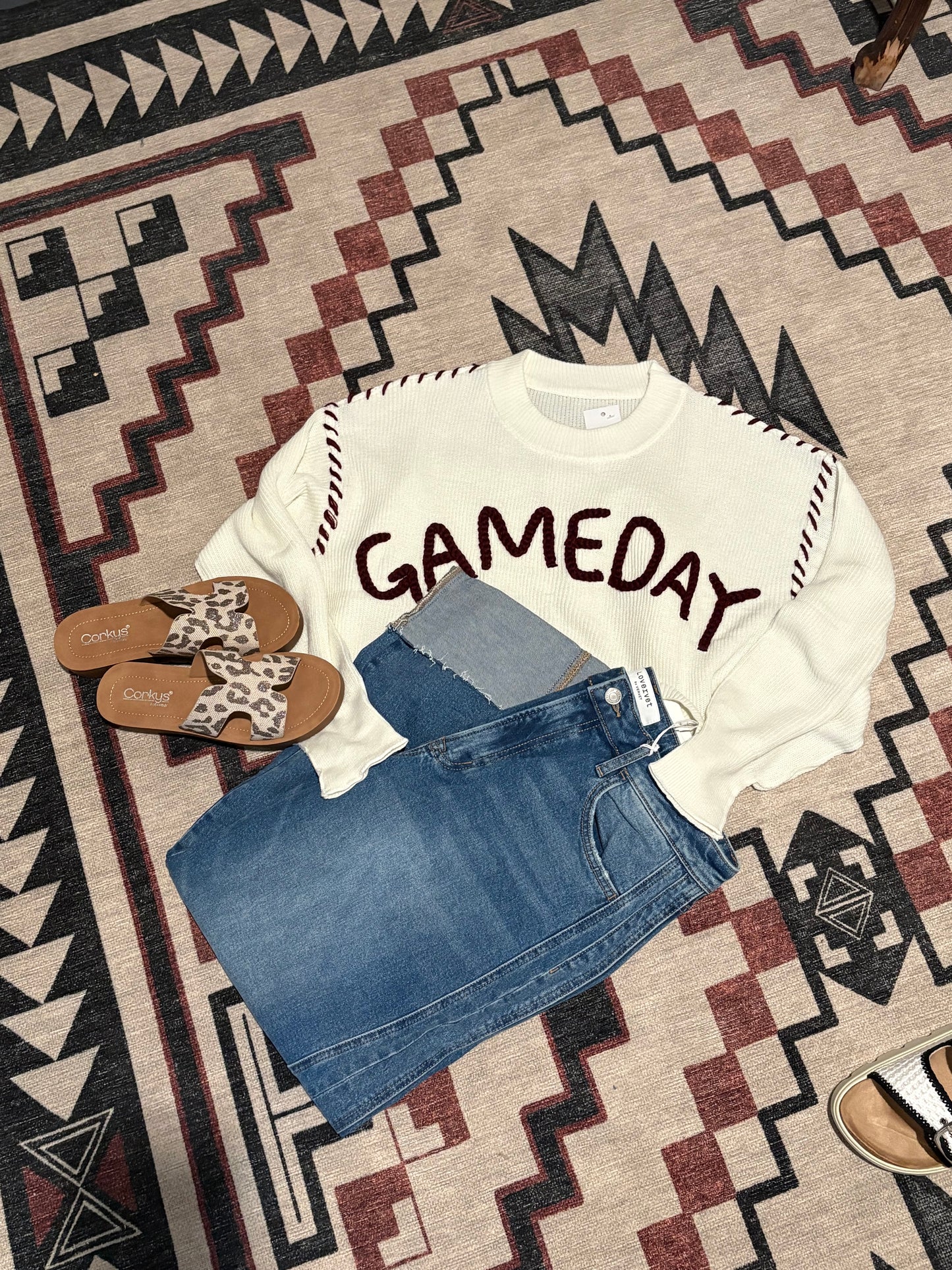 Beige Drop Shoulder Game Day Letter Print Pullover Sweater