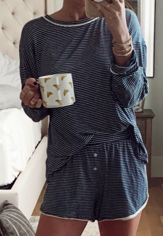 Blue Stripe Long Sleeve Tee 2pcs Lounge Set