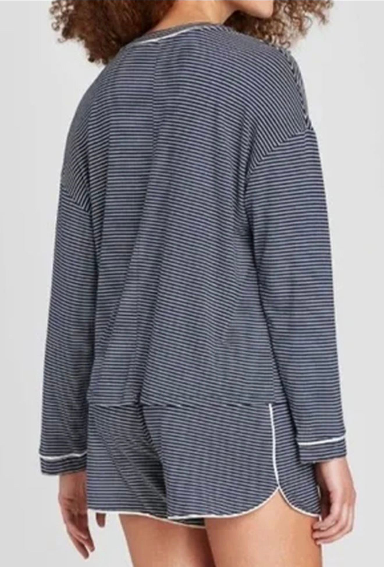 Blue Stripe Long Sleeve Tee Buttoned Shorts 2pcs Lounge Set