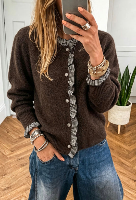 Chicory Coffee Plaid Ruffle Trim Brown Sweater