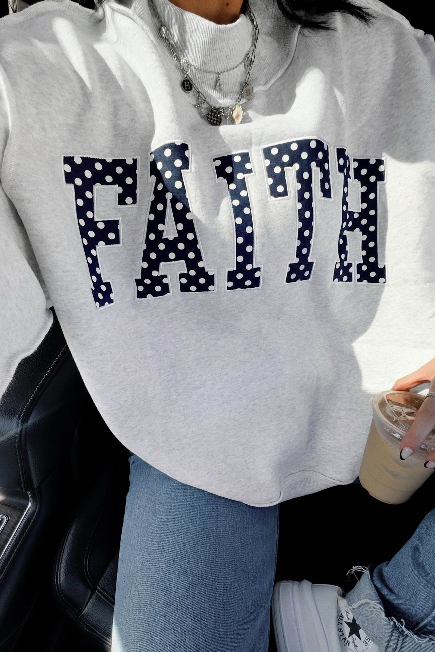 Light Grey High Neck Polka Dot Faith Printed Baggy Sweatshirt
