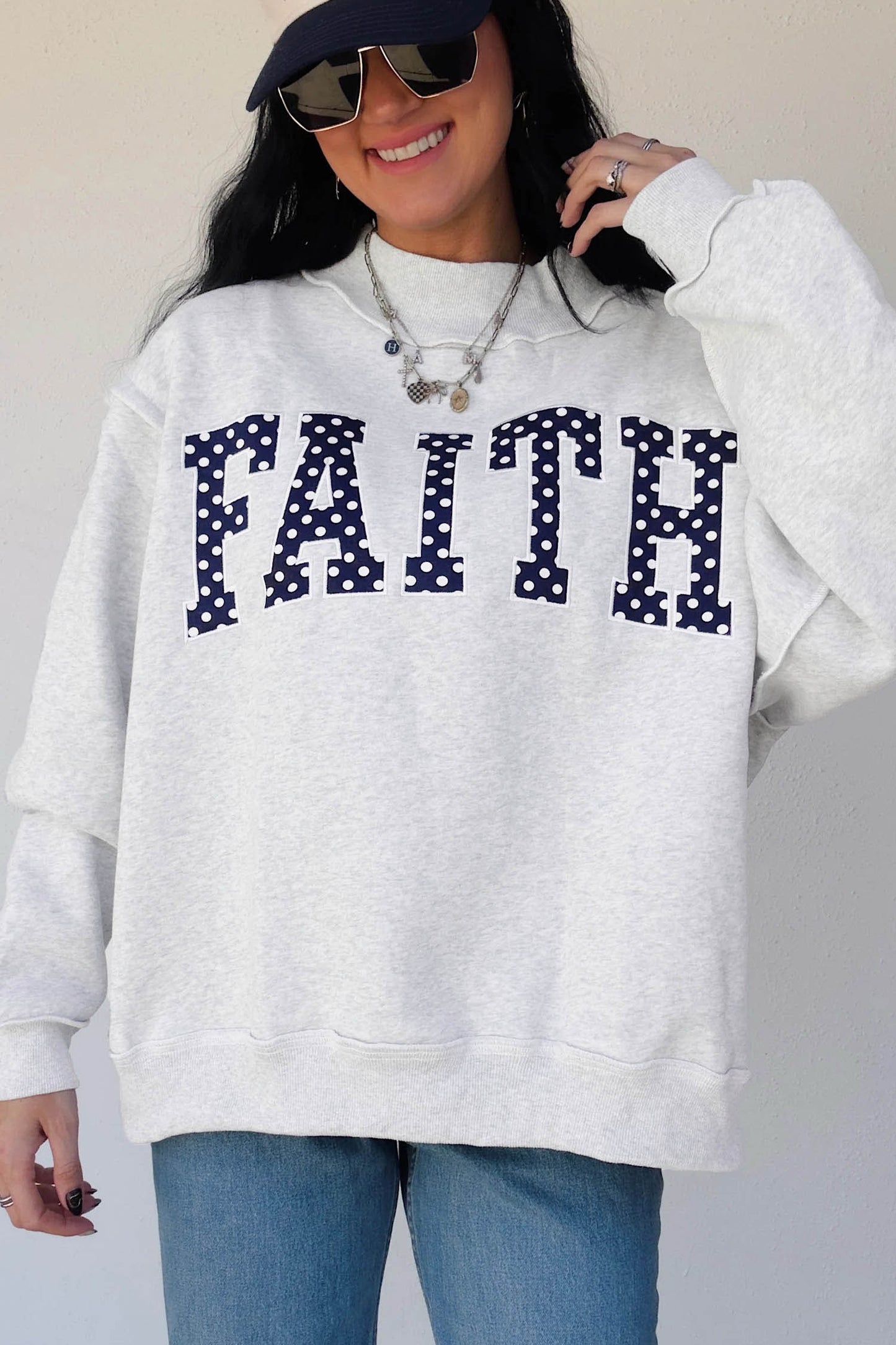 Light Grey High Neck Polka Dot Faith Printed Baggy Sweatshirt