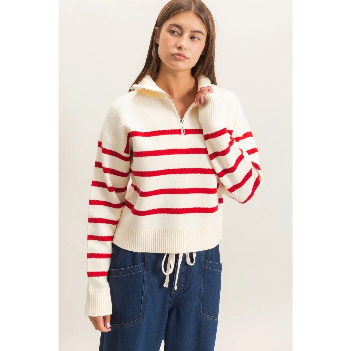 Half-Zip Collared Stripe Sweater