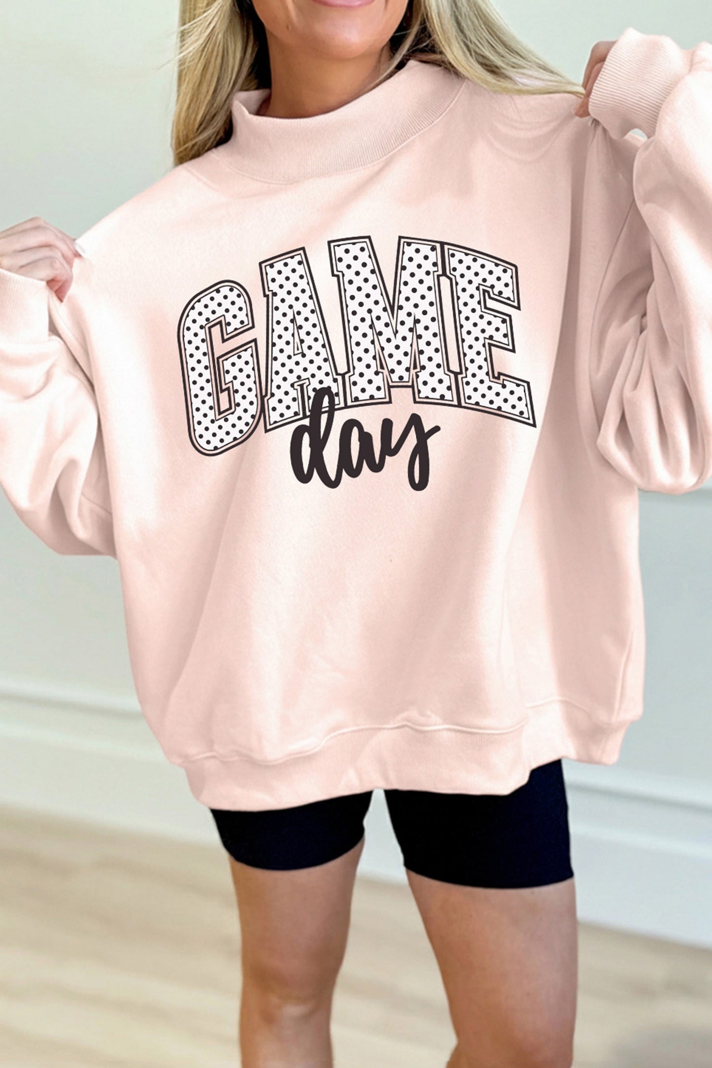 Apricot Pink Game Day Polka Dot Slogan Graphic Mock Neck Baggy Sweatshirt