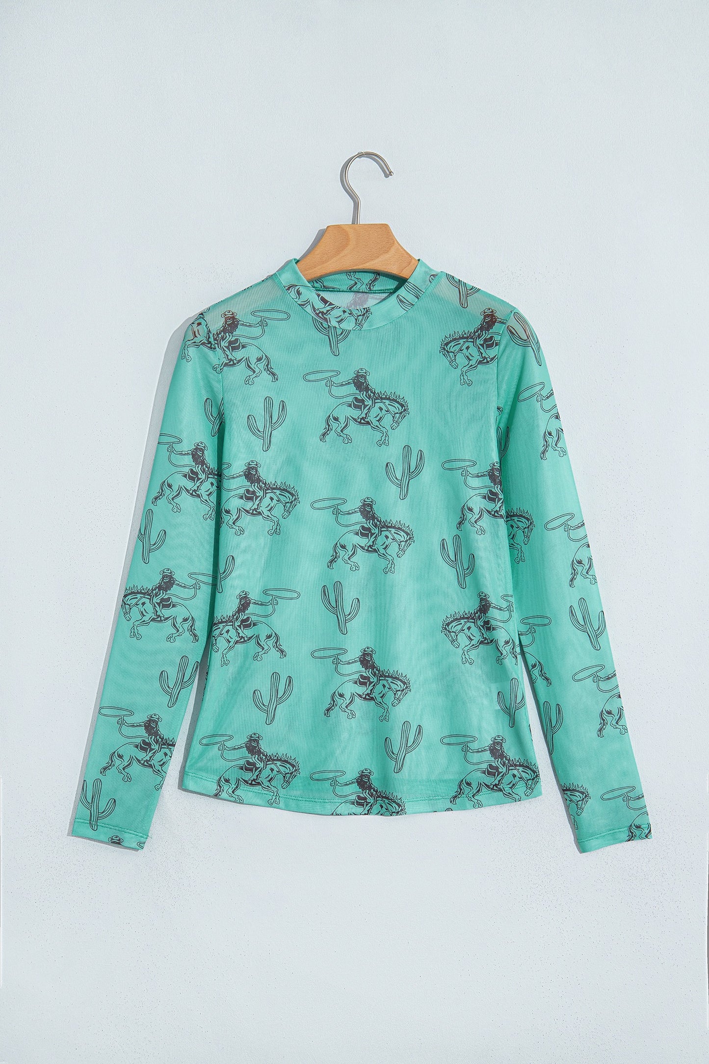 Aruba Blue Western Print High Neck Long Sleeve Sheath Mesh Top