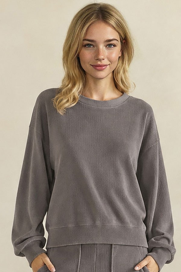 LY Women's Relaxed Ribbed Corduroy Long Sleeve Top