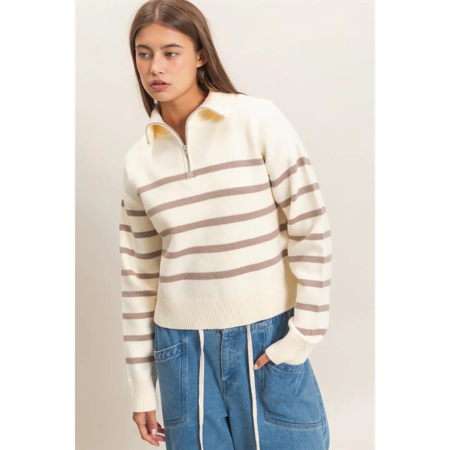 Half-Zip Collared Stripe Sweater