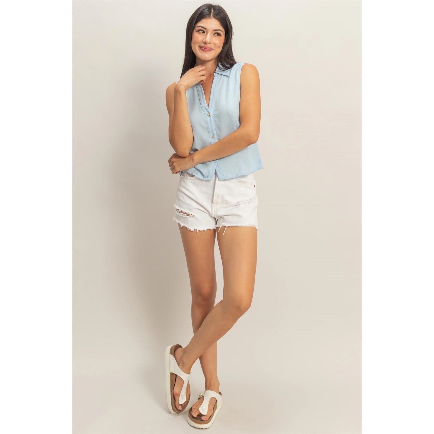 Sleeveless Lyocell Linen Button Front Top