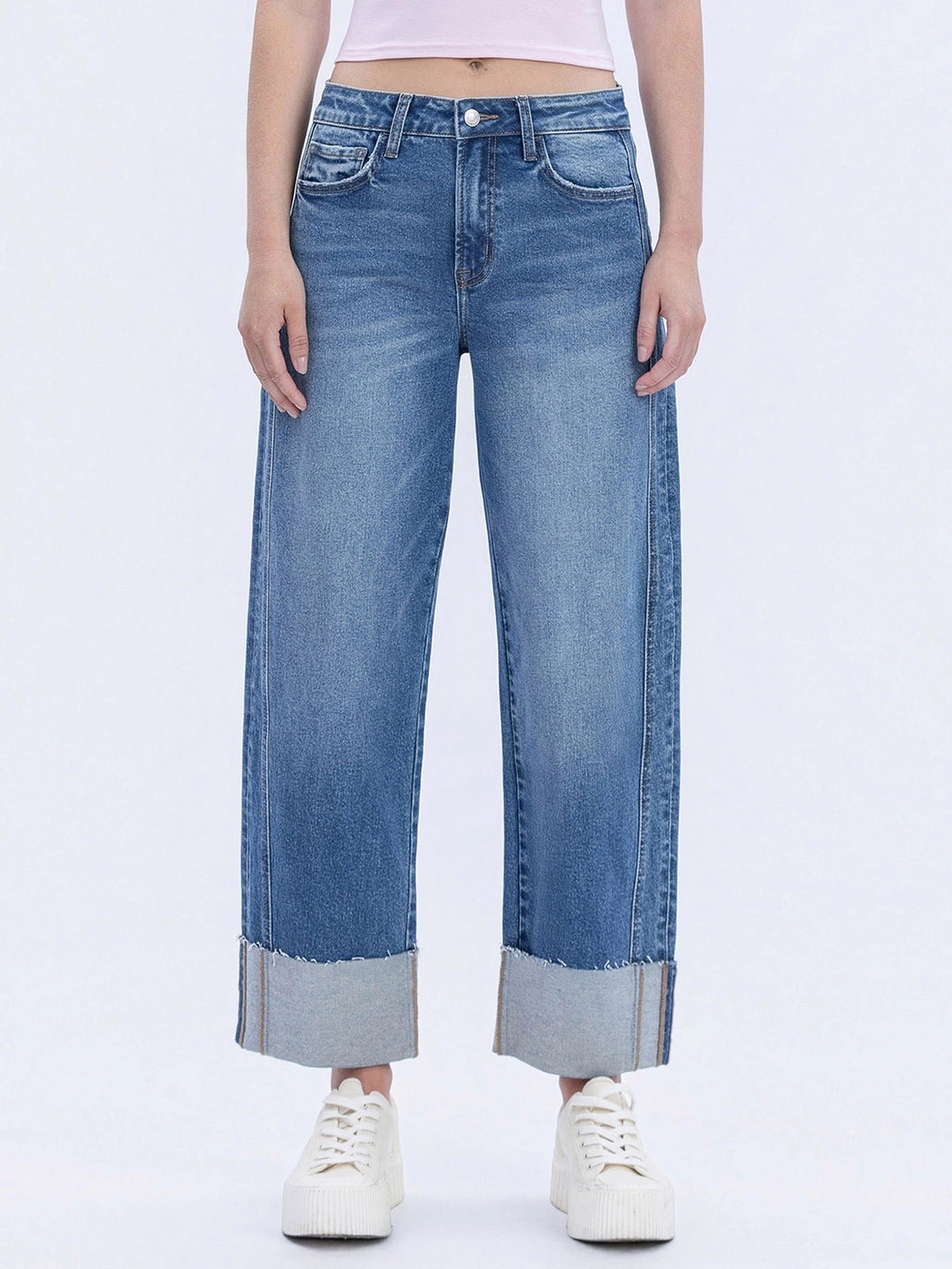 High Rise Cuffed Barrel Leg Jeans
