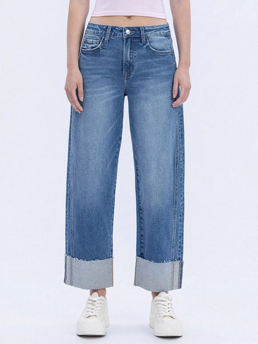 High Rise Cuffed Barrel Leg Jeans