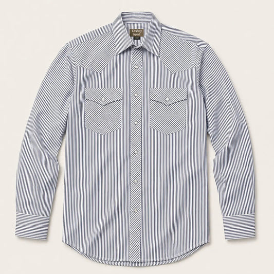 Men’S Navy White Pin Stripe Long Sleeve Cowboy Western Snap Shirt
