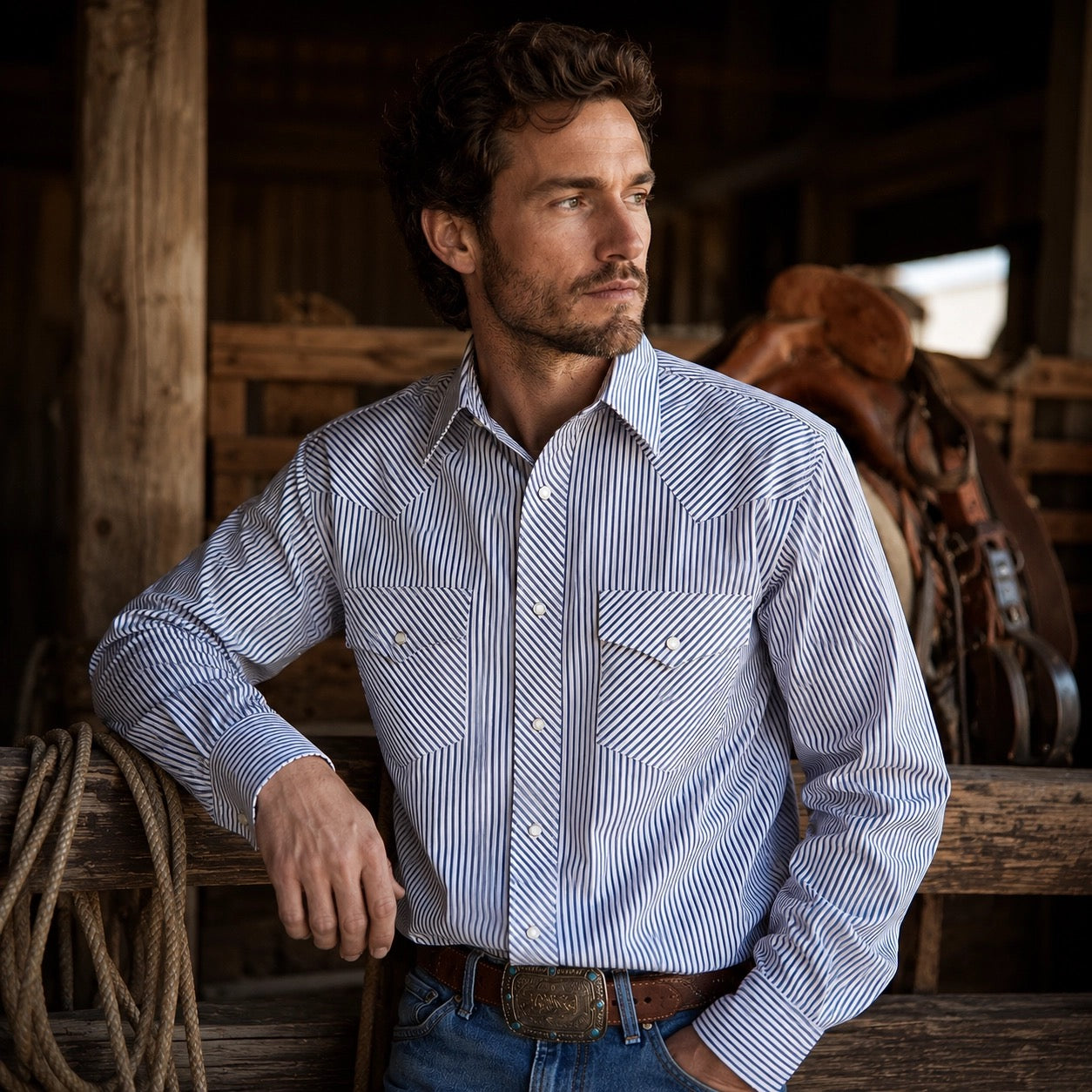 Men’S Navy White Pin Stripe Long Sleeve Cowboy Western Snap Shirt