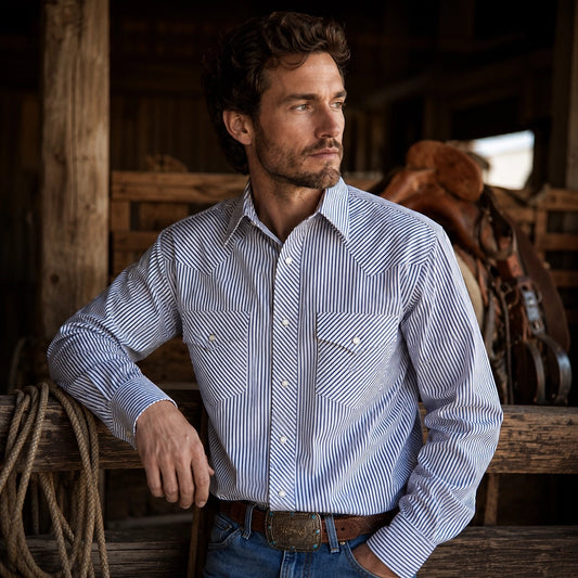 Men’S Navy White Pin Stripe Long Sleeve Cowboy Western Snap Shirt