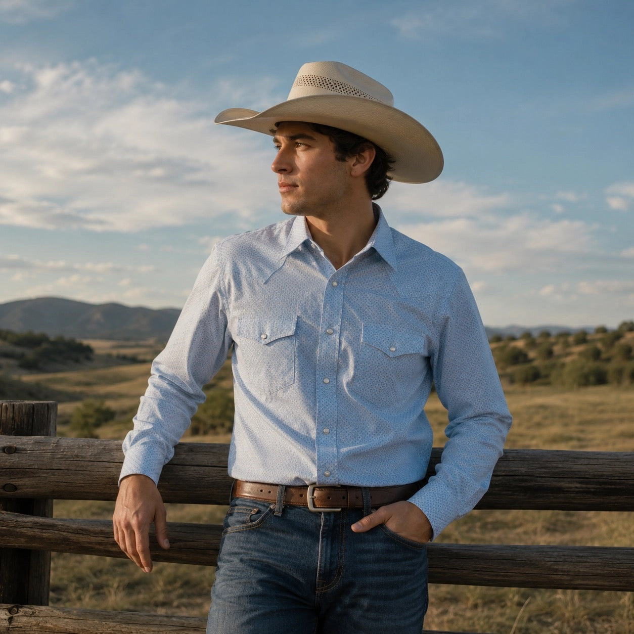 Men's Light Blue Micro Check Long Sleeve Cowboy Western Shirt