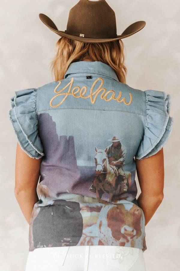 Light Wash Tencel Concho Button Down Ruffle Sleeve Western Back Printed Top