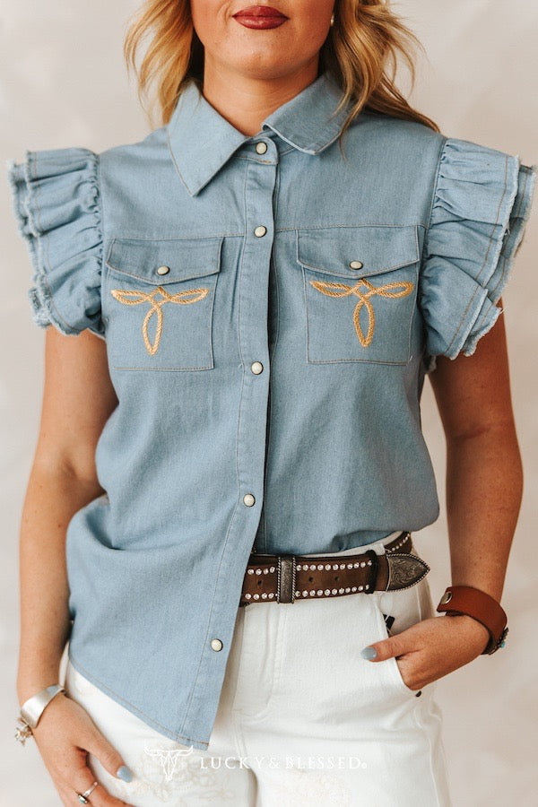 Light Wash Tencel Concho Button Down Ruffle Sleeve Western Back Printed Top