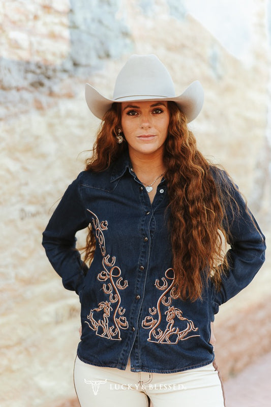 Rinse Wash Denim Camel Embroidered Button Down Shirt