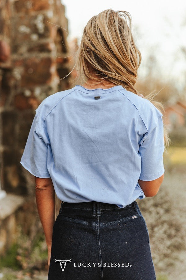 Light Blue Western Ivory Embroidered Short Sleeve Unfinished Hem Detail Shirt