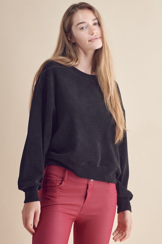 LY Women's Relaxed Ribbed Corduroy Long Sleeve Top