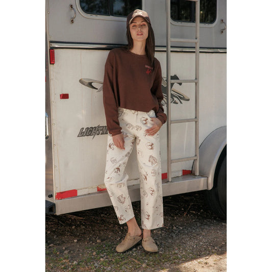 Western All Over Printed Barrel Pants - Ivory/Brown
