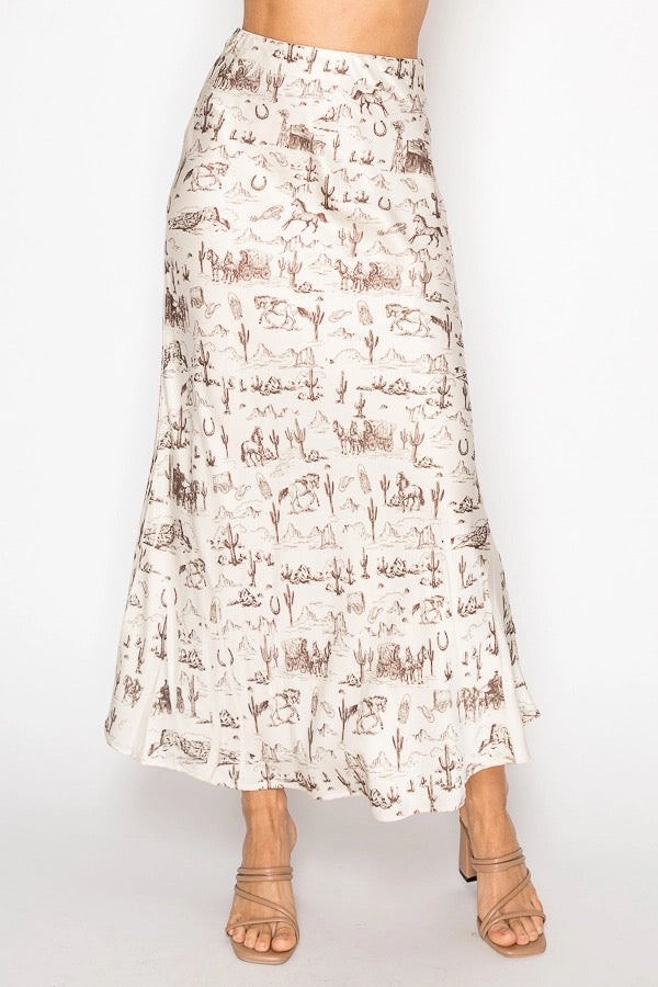 Western Desert Silky Satin Midi Skirt with Effortless Flow