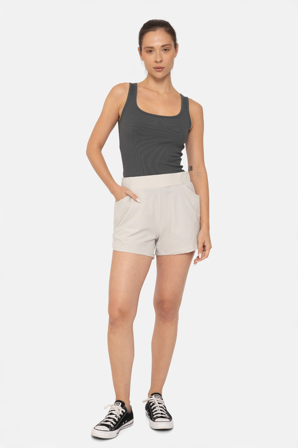 Mono B Athleisure Shorts with Curved Hemlinenavy or Gray