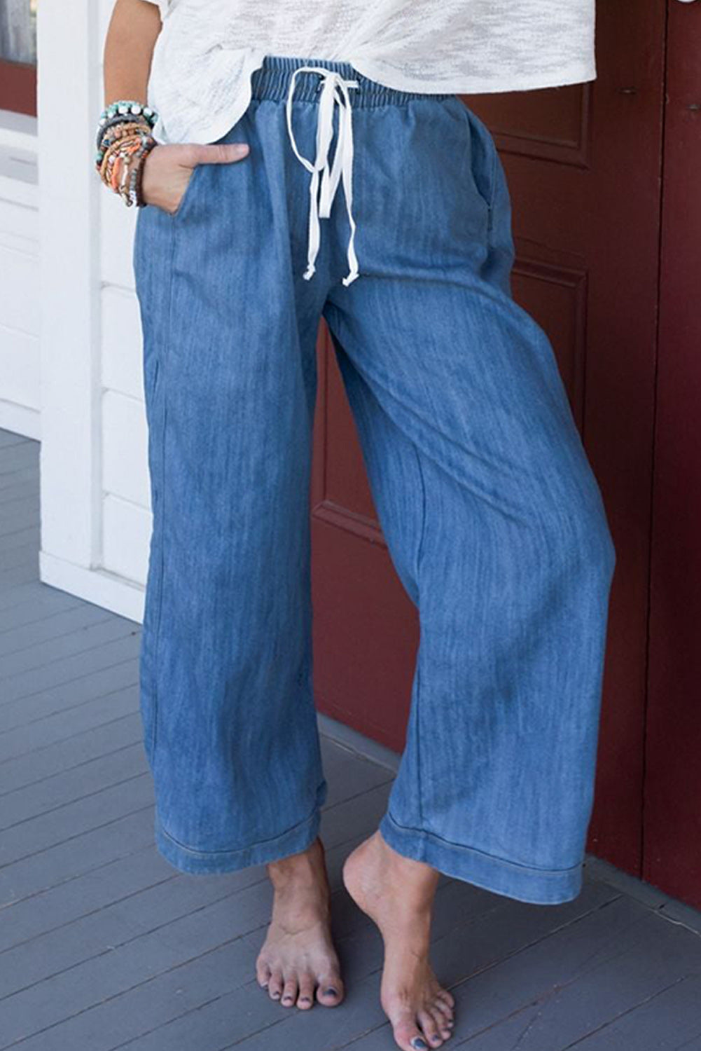 Sky Blue Wide Leg Drawstring Waist Loose Pants