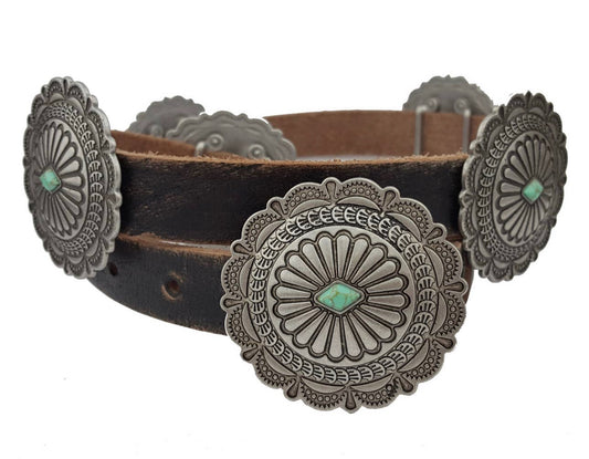 Genuine, Distressed, Leather Black Round Concho with turquoise stone belt