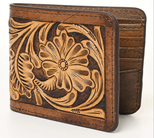Tooled leather folding wallet