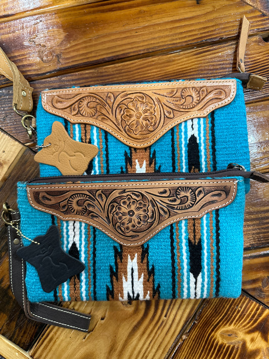 Floatin T!  Turq Saddle Blanket Clutch with Tooled