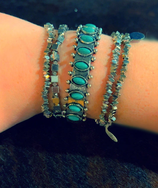 Faux turquoises etched cuff bracelet