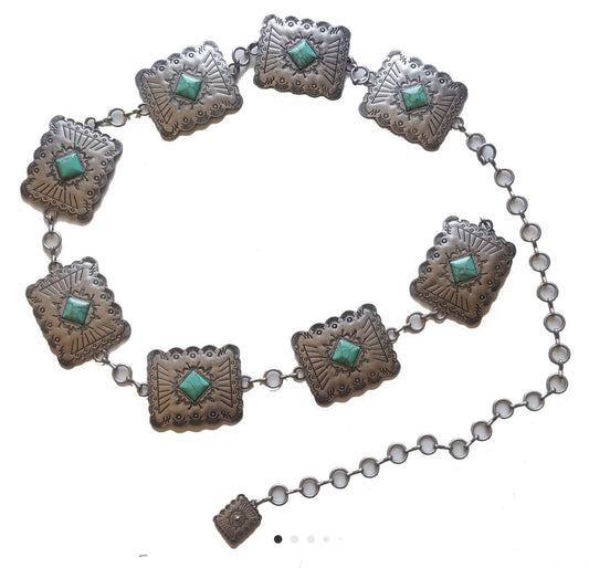 Western silver rectangular Concho belt with turquoise