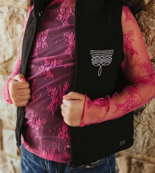 GIRLS BLACK PUFFER W BOOT STITCH DETAIL VEST