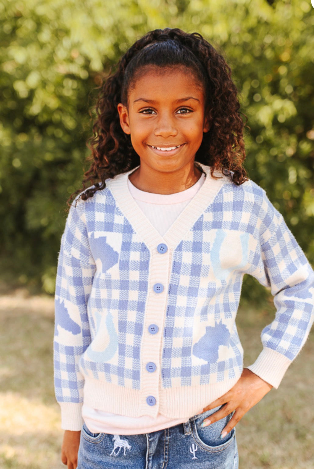 GIRLS BLUE PLAID BUTTON UP WESTERN SWEATER