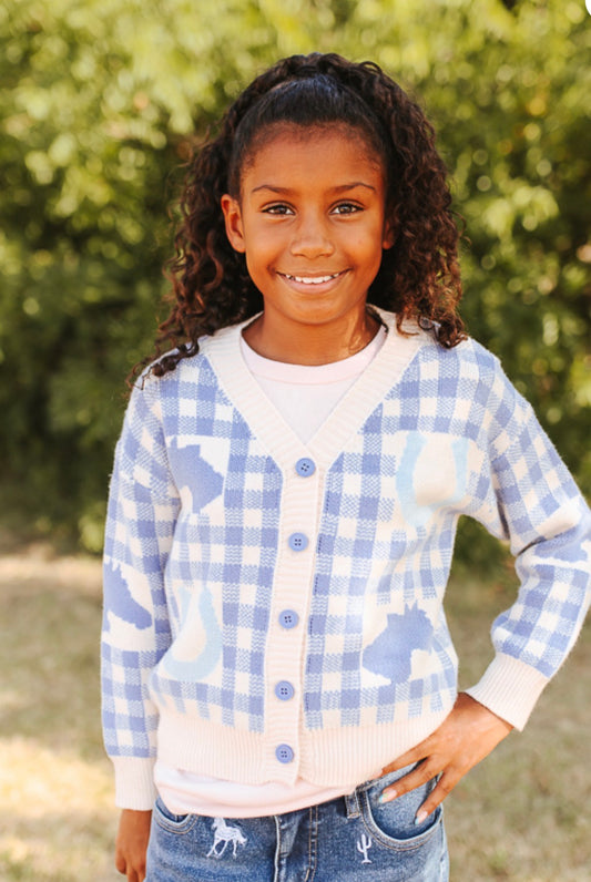 GIRLS BLUE PLAID BUTTON UP WESTERN SWEATER