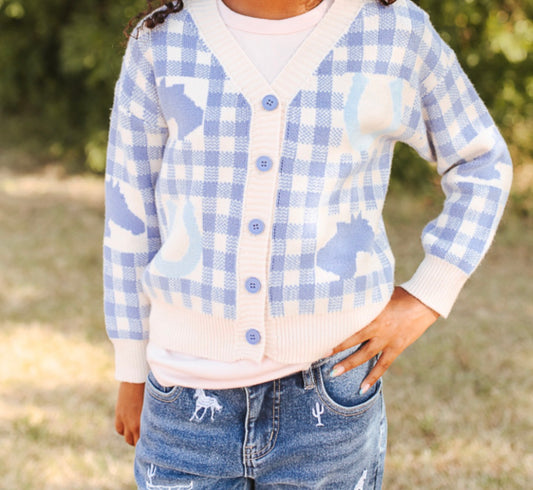 GIRLS BLUE PLAID BUTTON UP WESTERN SWEATER